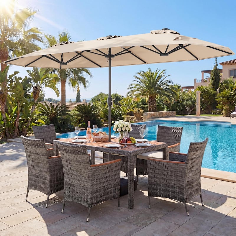 Gymax 8-Piece Patio Dining Set w/ Double-Sided Market Umbrella Acacia