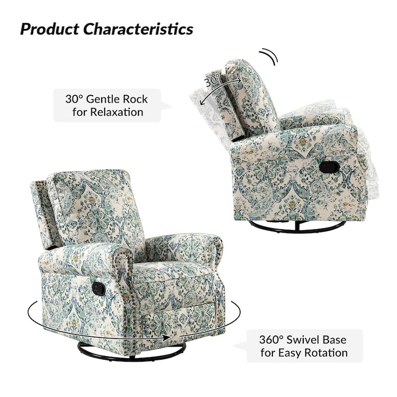 Roderich Farmhouse Floral Print Swivel Rocker Recliner with Rolled Arms by HULALA HOME