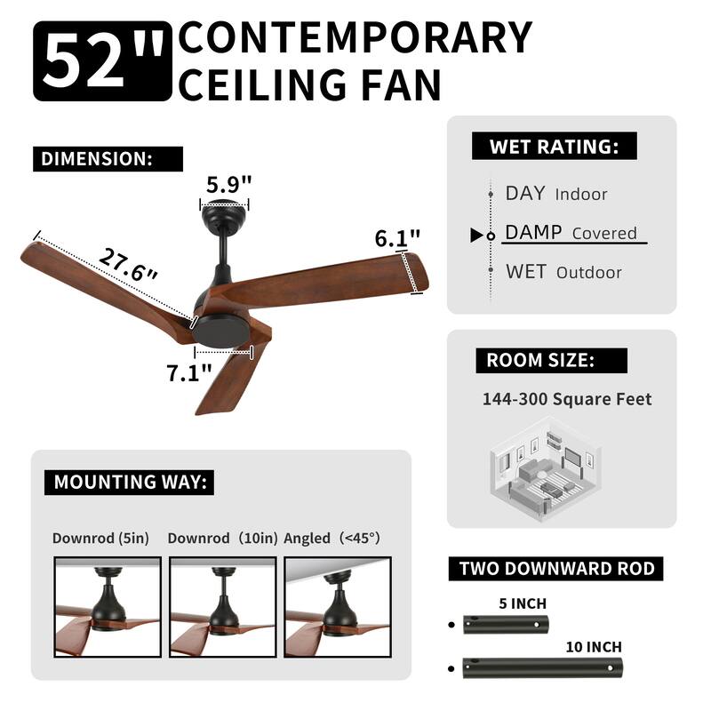 Moasis 52" Ceiling Fan with 3 Solid Wood Blades and Remote Control No Lights