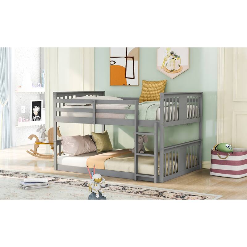 Full Over Full Bunk Bed with Ladder in Gray - Space Saving Twin Sleeper with Solid Wood Frame