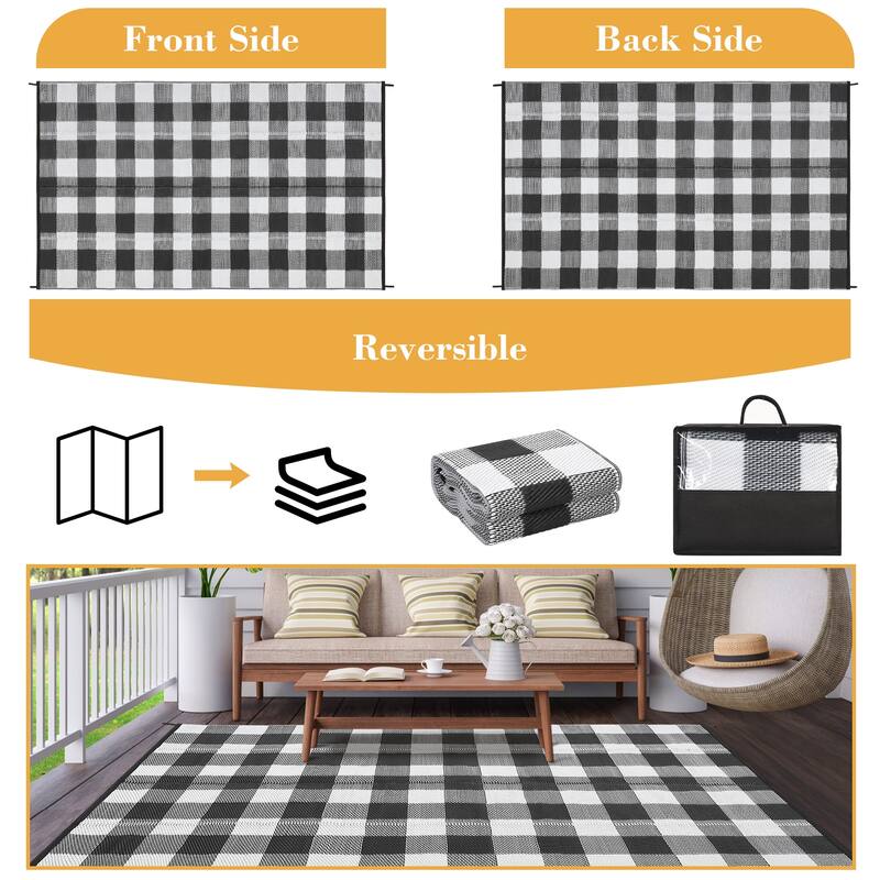 Outdoor Rug Waterproof Reversible Rug Indoor Outdoor Plaid Area Rug Plastic Straw Rug for Camping RV Backyard Patio