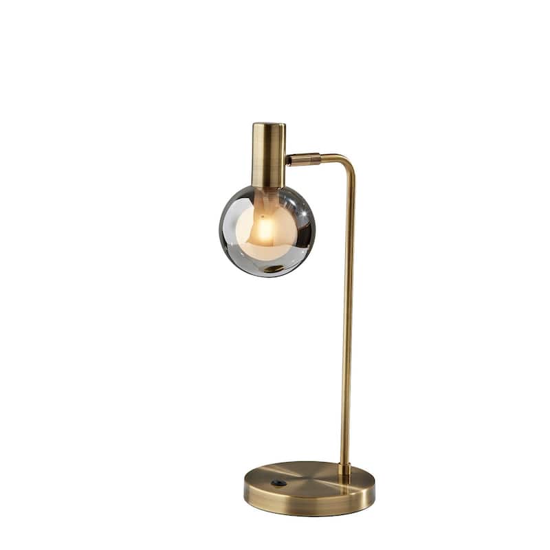 HomeRoots 18" Antiqued Brass Metal Cylinder Desk Table Lamp With Gray Globe Shade With Starling LED Bulb