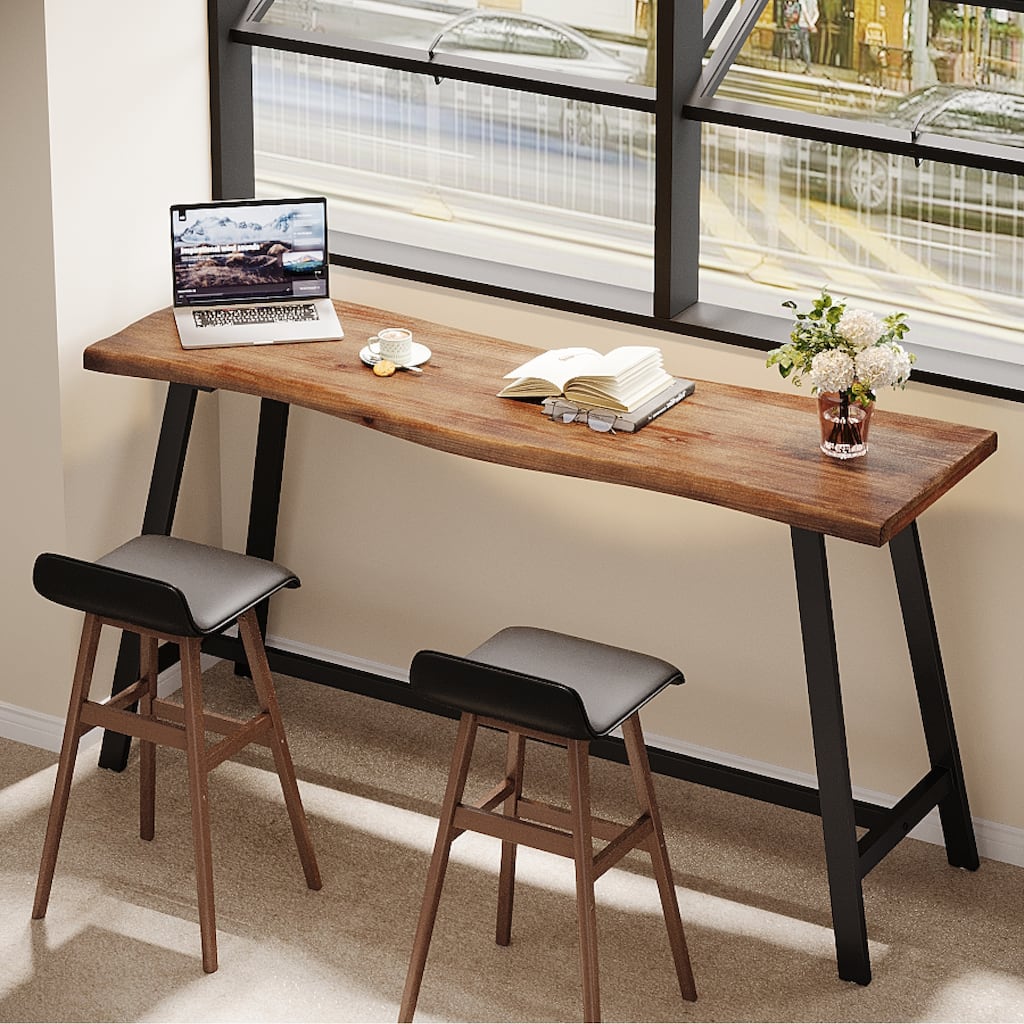 Solid Wood Bar Table, 55.1-Inch Counter Height Pub Table with Sturdy Metal Frame