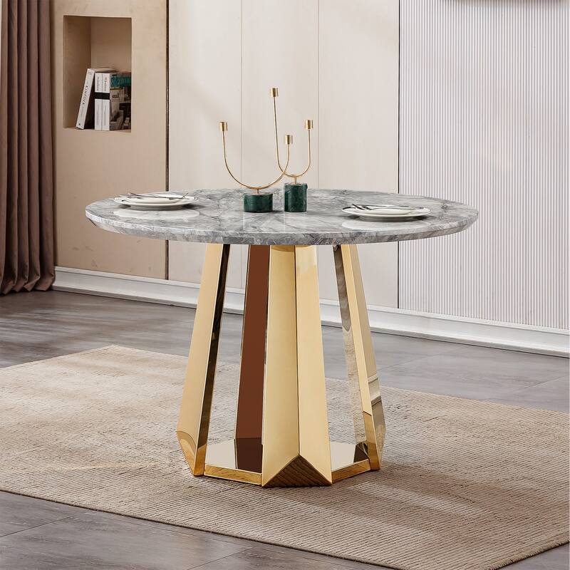 47" Round Dining Table with Faux Marble Tabletop and Stainless Steel Base - Grey+Gold