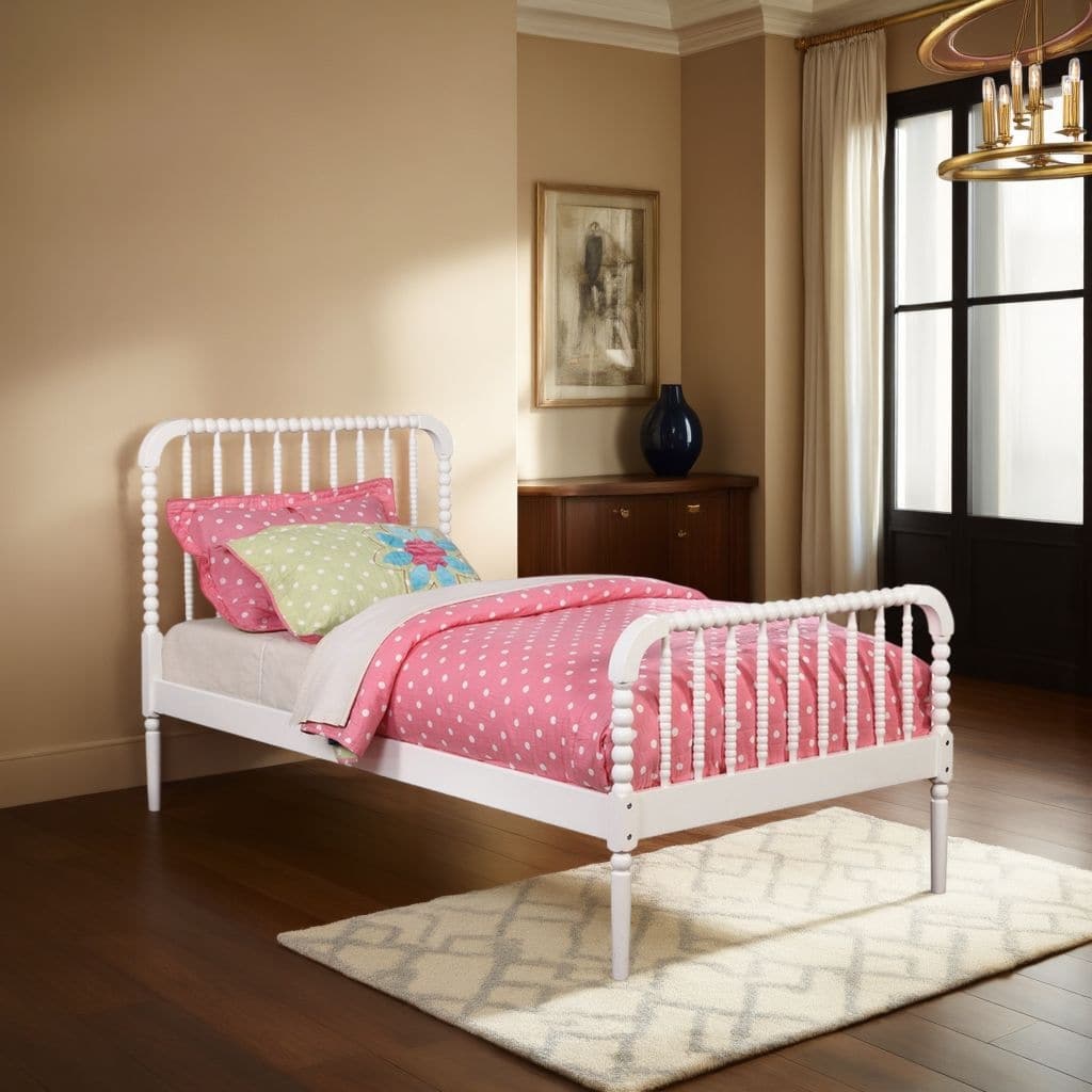 Wooden Twin Bed with Bobbin Style Slatted Headboard and Footboard, White