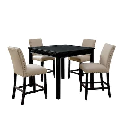 5 Piece Wooden Counter Height Table Set In Antique Black And Beige