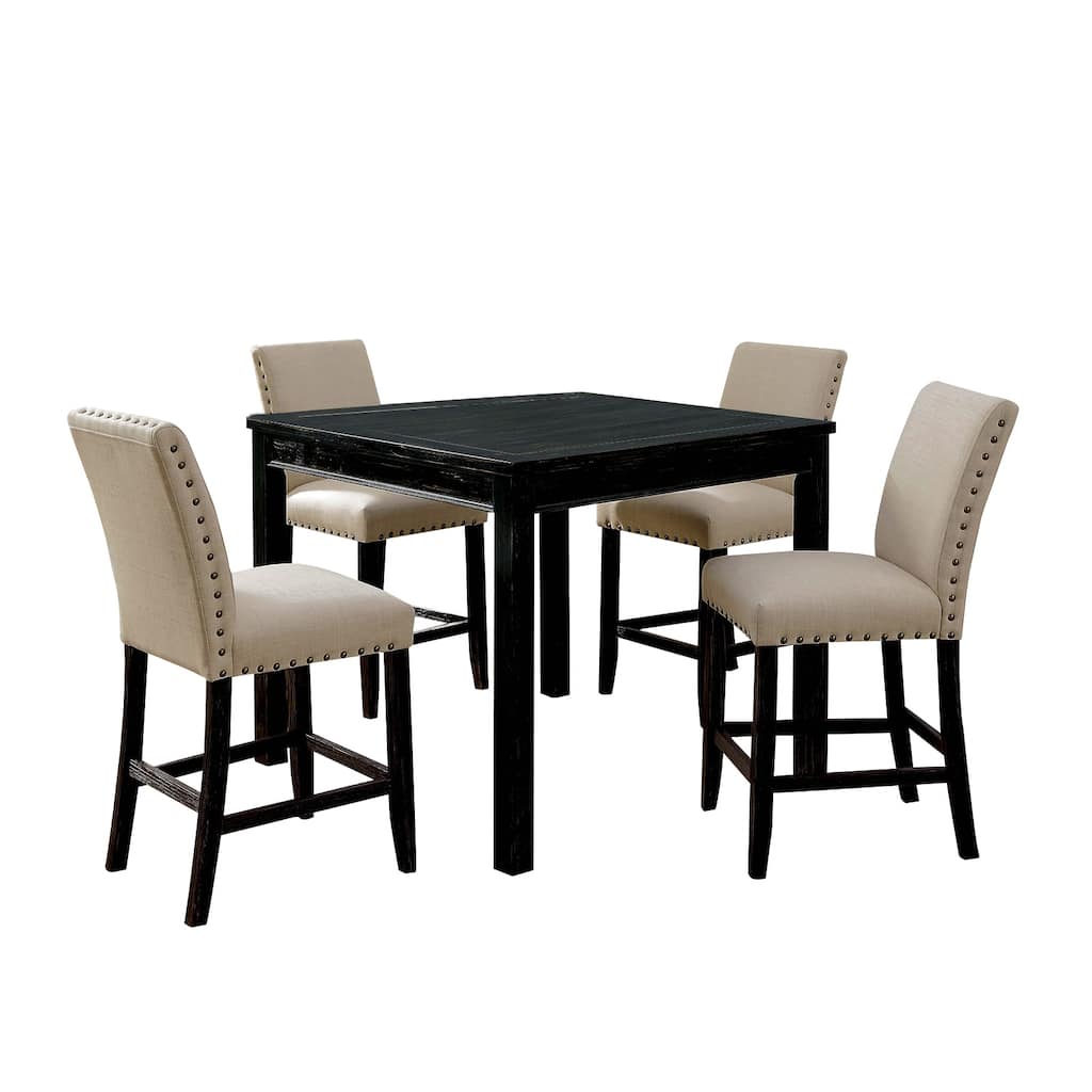 5 Piece Wooden Counter Height Table Set In Antique Black And Beige