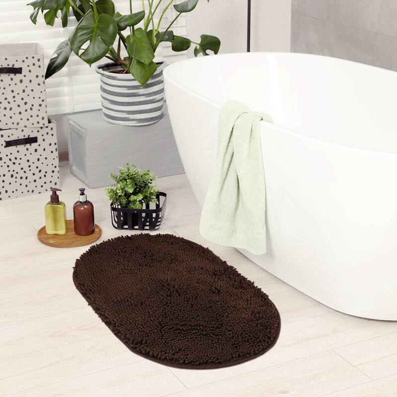 Oval Plush Bath Mat, Soft Non Slip Absorbent Rug, Rubber Backing Quick Dry Rugs for Shower Floor, Bathroom Decor