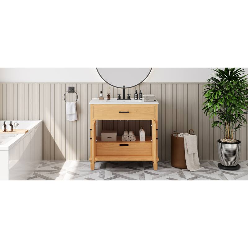 36 Inch Rattan Door Bathroom Vanity with Ceramic Sink Combo