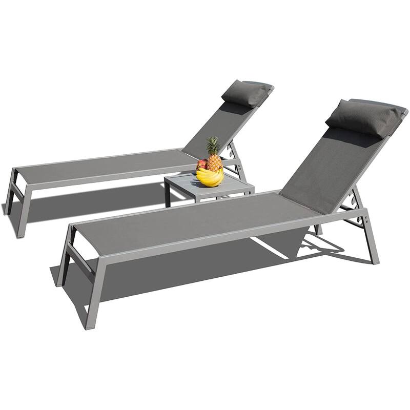 Patio Chaise Lounge Set, 3 Pieces Aluminum Adjustable Pool Lounge Chairs Sunbathing Recliner with Headrest, 1 Table - Grey