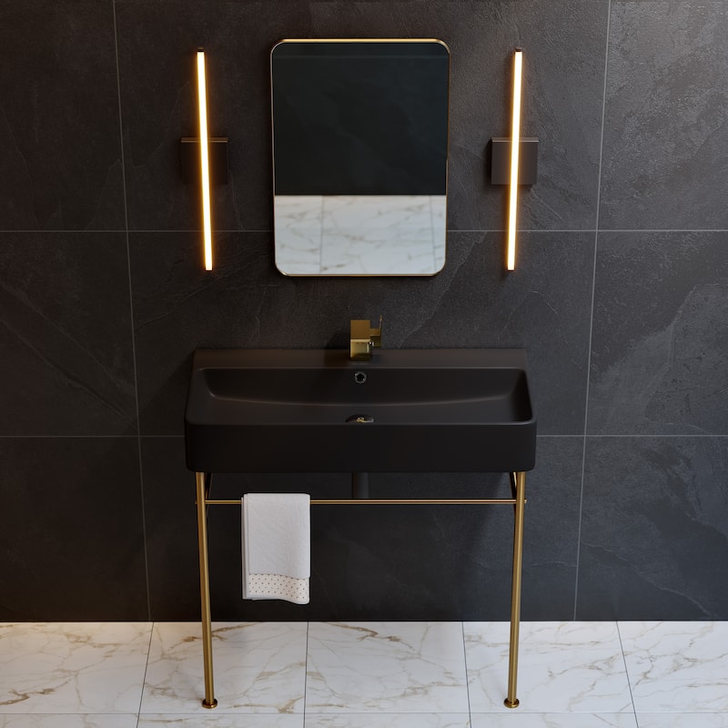 Claire 24 Ceramic Console Sink Matte Black Basin Gold Legs - 36" - Brushed Gold