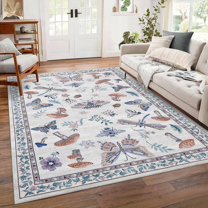 Area Rugs for Living Room Modern Insect Rug Mushroom Pattern Rug Soft Washable Non Slip Low Pile Rug - 9'x12' - Beige