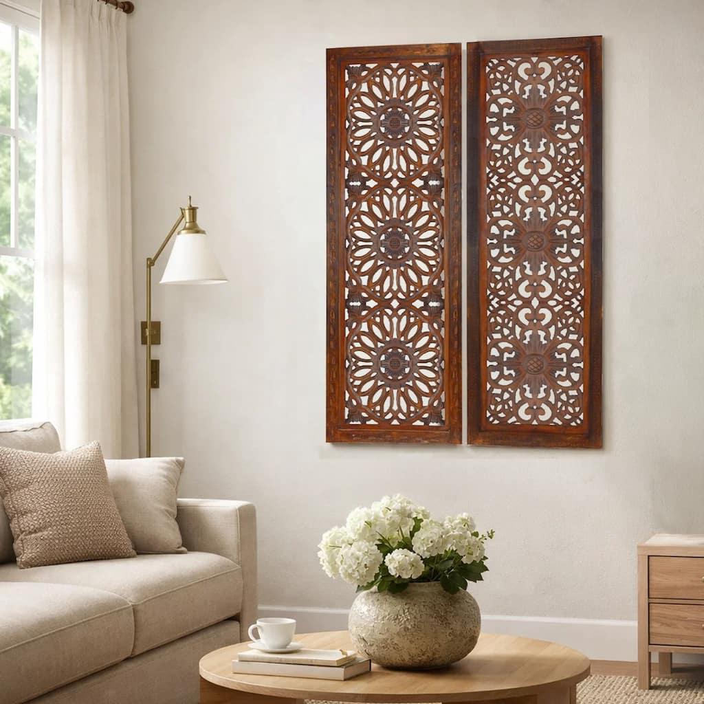2 Piece Mango Wood Wall Panel Set with Mendallion Carving, Burnt Brown