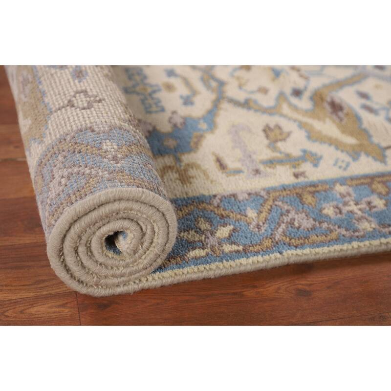 Ivory & Blue Oushak Indian Runner Rug Handmade Wool Carpet - 2'7"x 7'8"