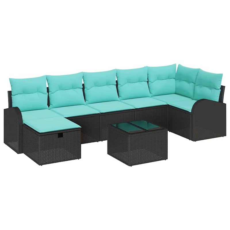 vidaXL 7/8 Piece Garden Sofa Set with Cushions Black Poly Rattan - 113.8×48.8×27.2