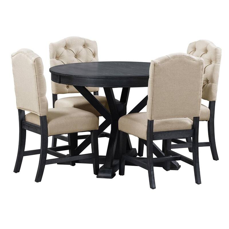 Wooden Round Drop Leaf Extendable Dining Table Set with 4 Upholstered Chairs - Espresso/Beige