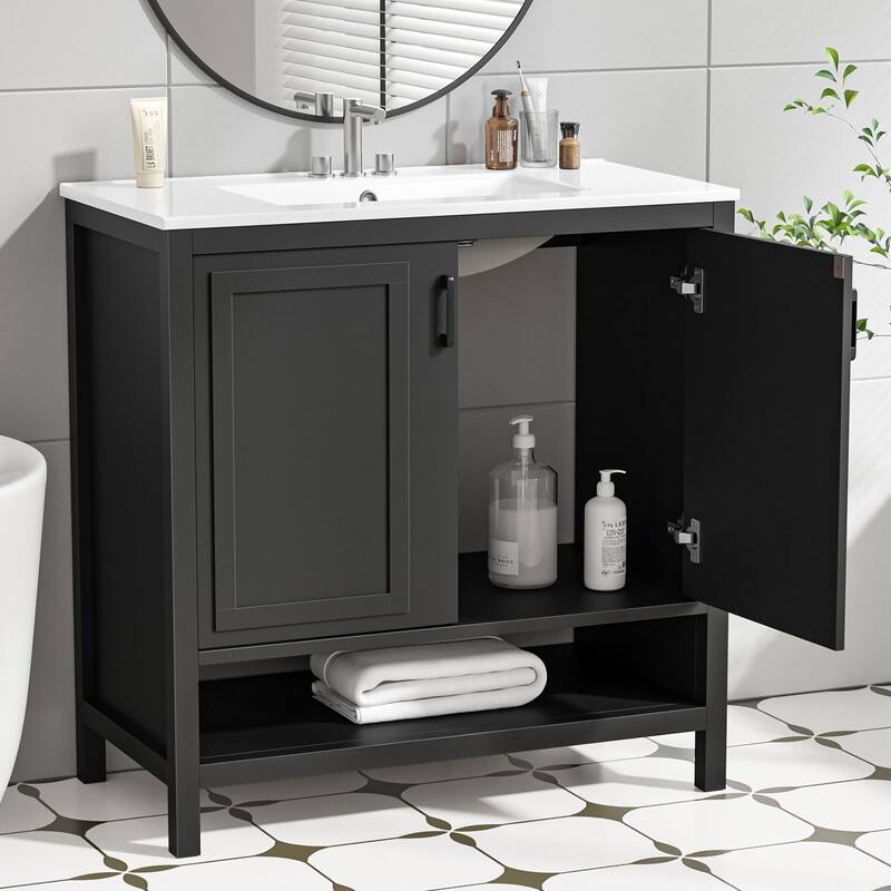 Anmytek 24'' Single Bathroom Vanity Cabinet with Ceramic Sink Combo Bathroom Storage Cabinet With Soft Close Doors - 36.02''W×18.5''D×36.22''H - Black