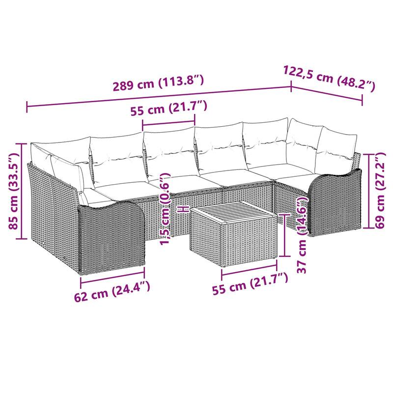 vidaXL 8 Piece Garden Sofa Set with Cushions - 113.8×48.2×27.2
