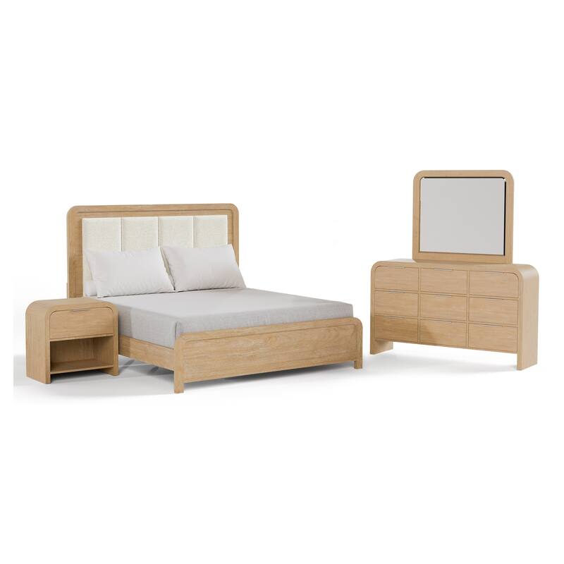 Furniture of America Elowyn 4-Piece Natural Solid Wood Panel Bedroom Set with Upholstered Headboard
