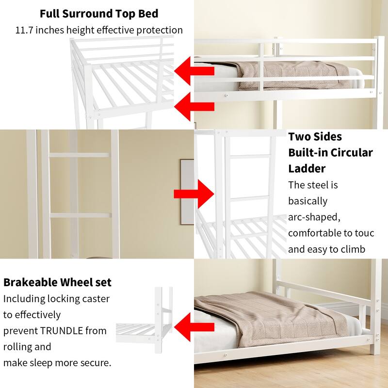 Sturdy Metal Twin over Twin Bunk Bed with Safety Guardrail, Noise Reduced, No Box Spring Needed, White