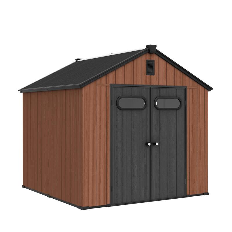 All-Weather Waterproof Lockable Door Resin Outdoor Storage Shed with Window Vent Floor for Patio Furniture and Tools - Brown