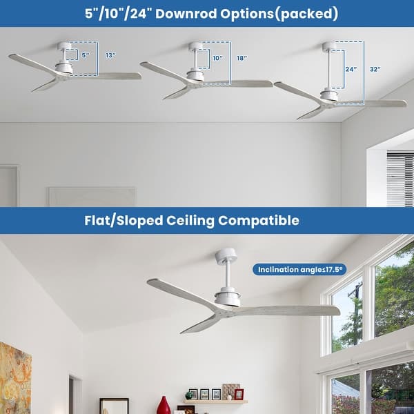 dimension image slide 4 of 5, 60 Inch Solid Wood Ceiling Fan with Light and Remote, Reverse Functions, Integrated Light Optional