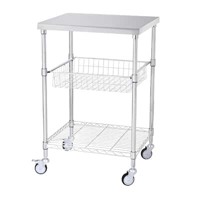 Silver Steel Utility Cart Rolling Cart with Stainless Top, Wheels and 3 Shelves - 20"” L x 24" W x 36.6" H