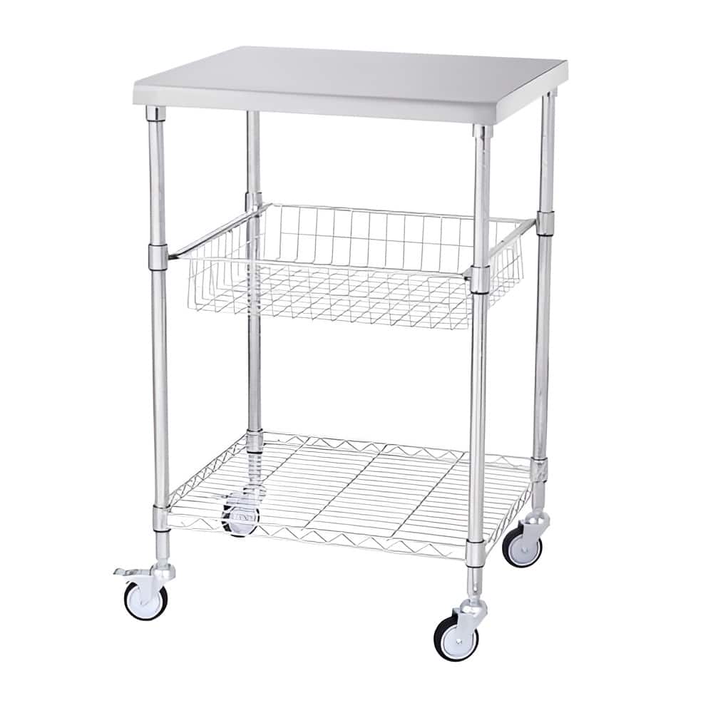 Silver Steel Utility Cart Rolling Cart with Stainless Top, Wheels and 3 Shelves - 20"” L x 24" W x 36.6" H