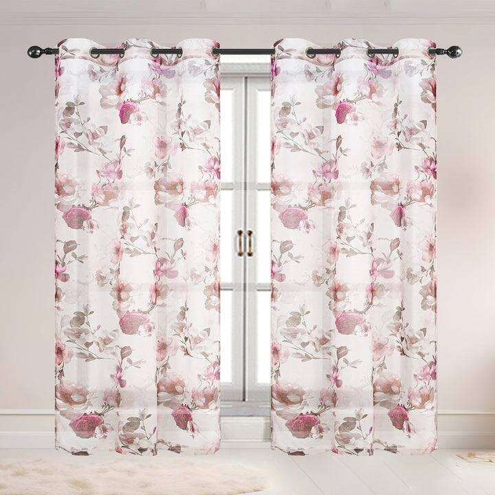 Alaina 2 Pack Floral Sheer Voile Grommet Window Curtain Panel, 37x84 Inches - Pink