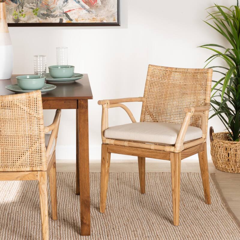 Storsel Modern Bohemian Natural Brown Finished Teak Wood and Rattan Dining Chair with Cream Fabric Cushion