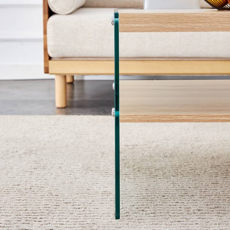 Double Layered Rectangular Coffee Table, Made Of MDF With Wooden Stickers, With Transparent Tempered Glass On Both Side
