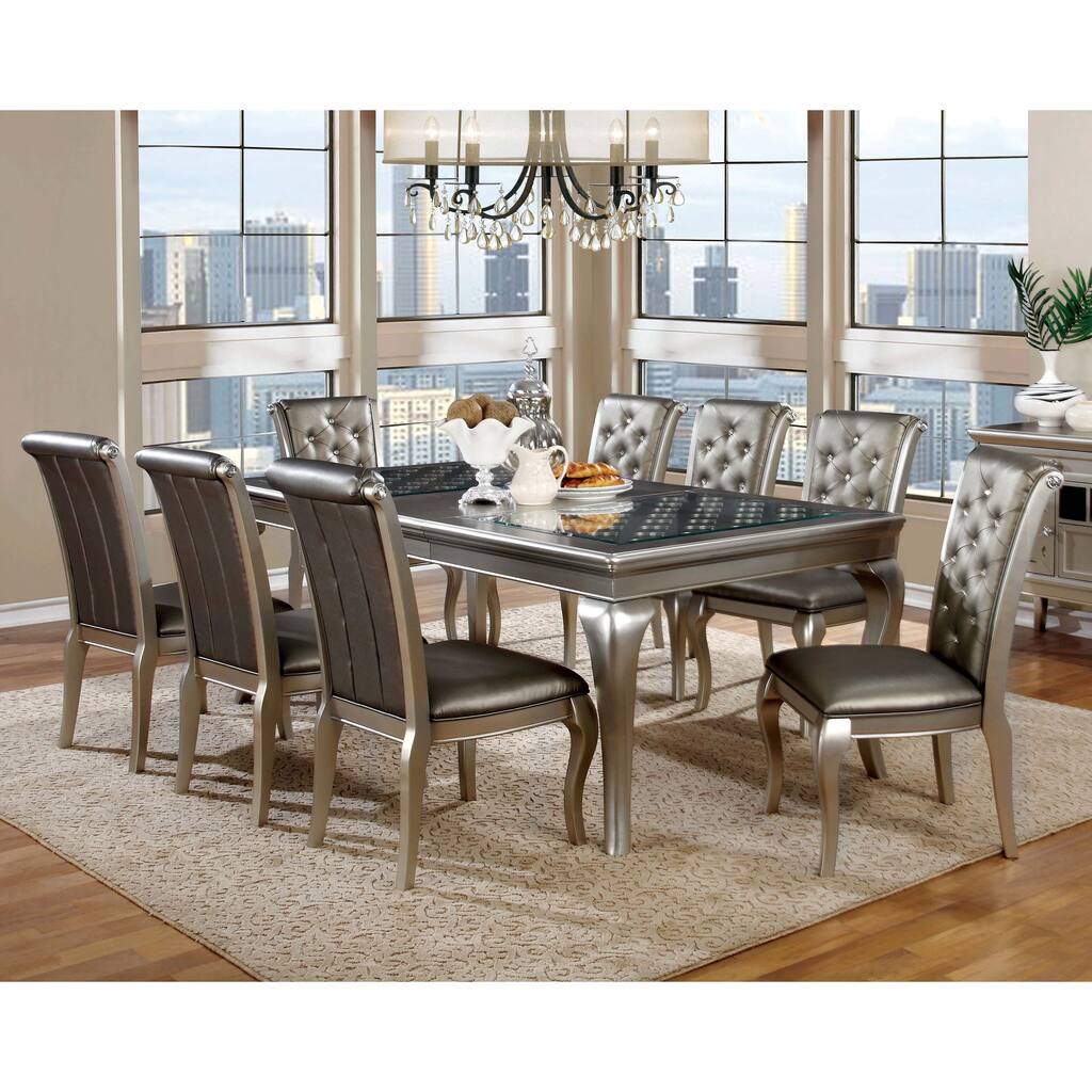 Tily Glam Gold Faux Leather Tufted 9-Piece Dining Table with Leaf Set by Furniture of America