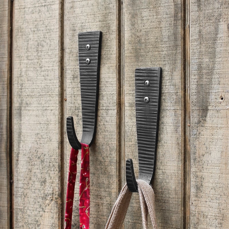 Achla Designs 6.5" Tall Black Powder Coat Finish Hammered Strap Upturned Wall J-Hooks (Set of 2)