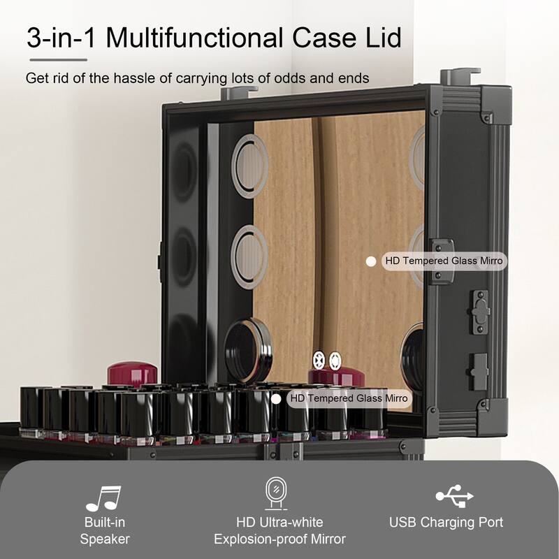 Portable Nail Art Table w/ LED Mirror, Bluetooth, Lockable Drawers, Telescopic Pole - Folding Manicure Station for Salons