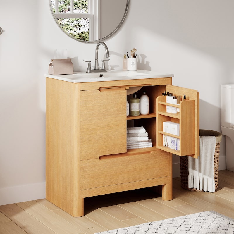 30" Modern Solid Wood Frame Bathroom Vanity Set with Ceramic Sink, Natural Wood Grain Cabinet & Soft-Close Doors - Oak