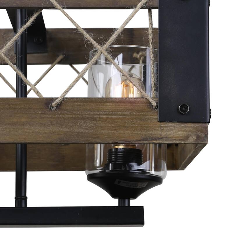 Modern Farmhouse Wood Island Chandelier Linear Glass Shade Hanging Rods Ceiling Lighting Fixture - W 31.9" * E 10.6" * H 10.2"