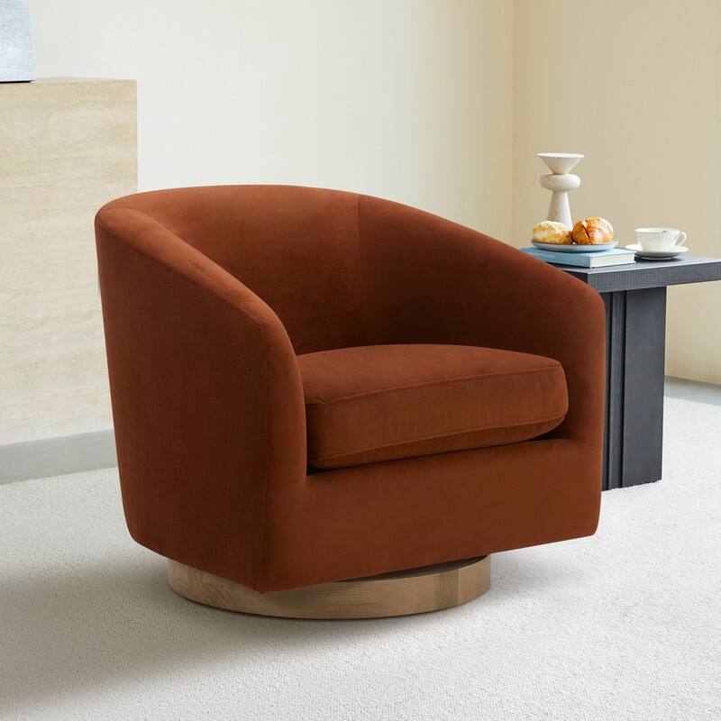 Spruce & Spring 360° Swivel Accent Chair with Solid Wood Base and Padded Seat - Single - Burnt Orange-Velvet