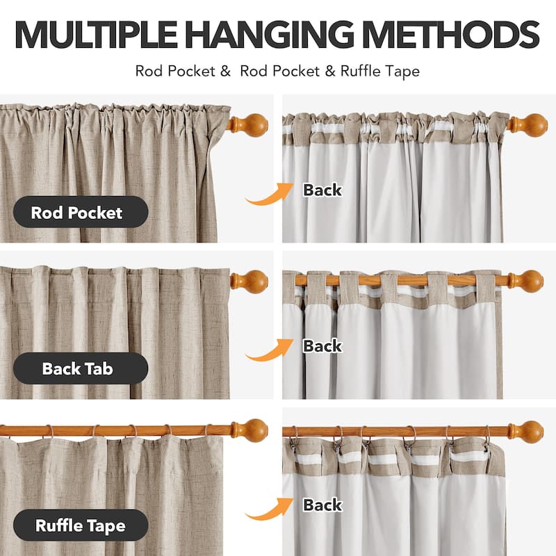 Living Room Curtains Back Tab Rod Pocket Faux Linen Blackout 2 Panels