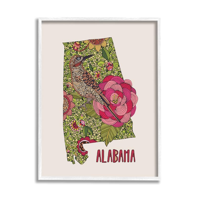 Stupell Intricate Alabama Camellia Flower Bird Detailed Pattern Framed Wall Art, Design by Valentina Harper - 24 x 30 - White