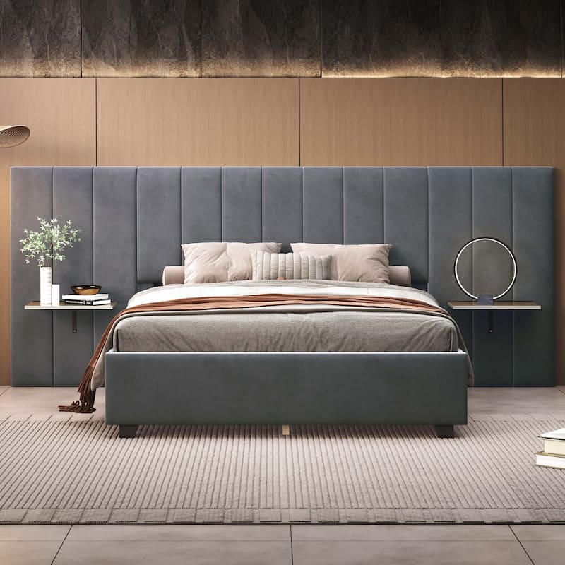 Queen Size Upholstered Platform Bed with Big Headboard