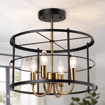 Modern 4-Light Black Gold Drum Semi Flush Mount Foyer Kitchen Ceiling Lights