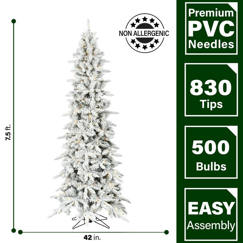 Fraser Hill Farm 7.5-Ft. Slim Mountain Pine Flocked Christmas Tree with Warm White LED Lights