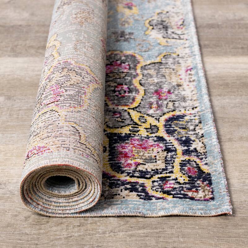 Spring Collection - Blue/Yellow Vintage Medallion Indoor/Outdoor Rug