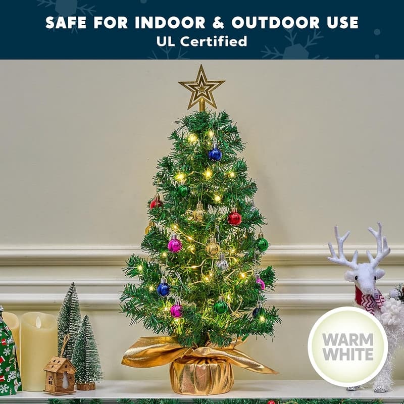 24"/2FT Small Christmas Tree with Lights, Pre-lit Artificial Xmas Tree Green LED Mini Tree for Christmas Decorations