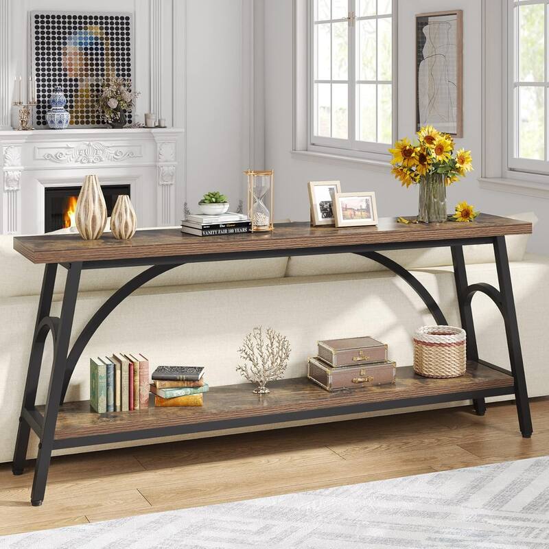 70.8" Rustic Brown & Black 2-Tier Extra Long Console Table, Industrial Sofa Table or TV Stand for Entryway or Living Room