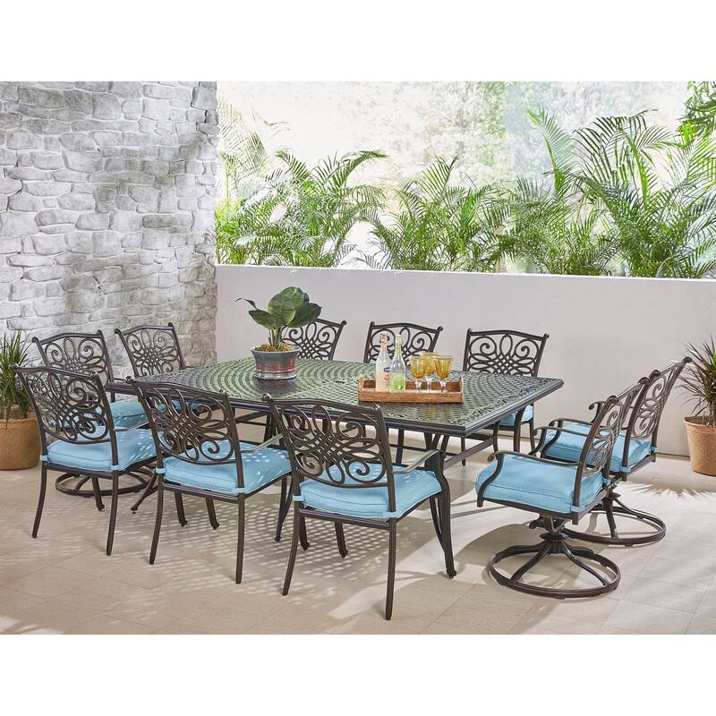 Hanover Traditions 11-Piece Dining Set in Blue with Four Swivel Rockers, Six Dining Chairs, and an Extra-Long Dining Table