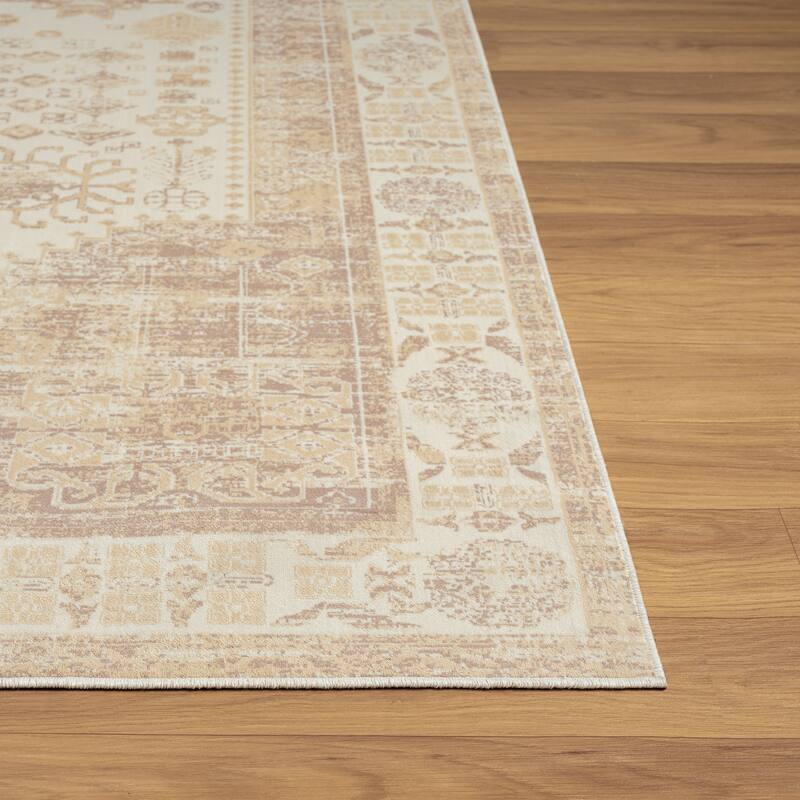 Sevita Beige Traditional Machine Washable Indoor Area Rug