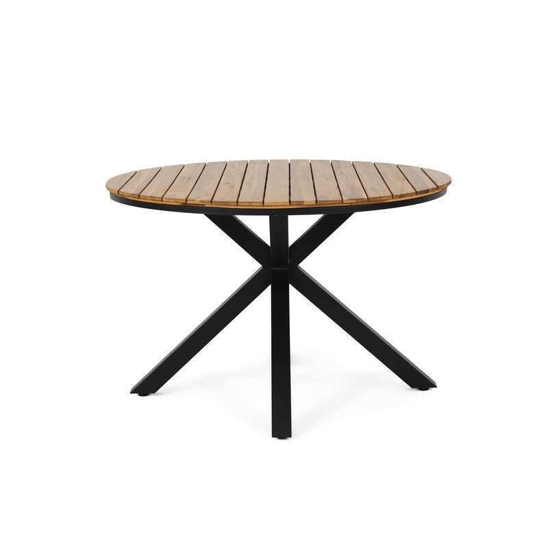 Roomfitters Outdoor Dining Table, Teak Acacia Wood Tabletop with Black Metal Legs, Teak+Black