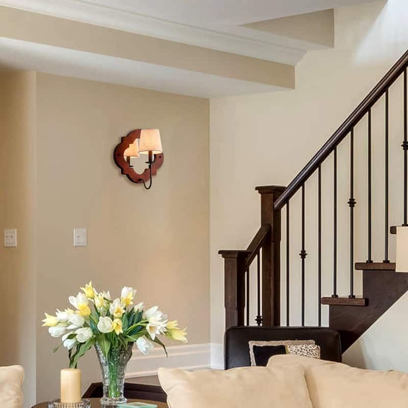 Classic Wood 1-Light Mirrored Wall Sconce with Fabric Shade