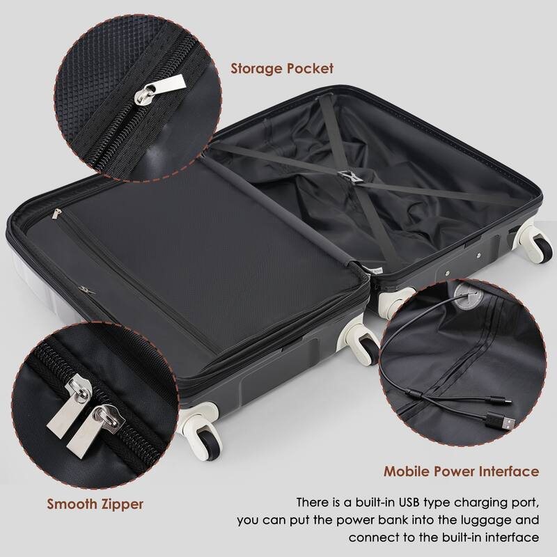 Luggage Set of 3, ABS+PC Hard Shell Carry-on Suitcases with Cup Holder and USB Port & Spinner Wheels, for Men Women Travel